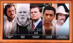 A giant screen shows the Oscar nominees for Best Actor, at the 86th Academy Awards nominations announcement ©AFP PHOTO / Robyn BECK