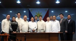 CA CONFIRMS APPOINTMENTS OF SECRETARIES DOMINGUEZ, CUSI, BELLO AND ANDANAR: Senate President and Commission on Appointments (CA) Chairman Aquilino “Koko” Pimentel III (6th from right) joins Presidential Communications Operations Office (PCOO) Secretary Martin Andanar (3rd from left), Department of Labor and Employment (DOLE) Secretary Silvestre Bello III (5th from left), Department of Finance (DOF) Secretary Carlos Dominguez III (5th from right), and Department of Energy (DOE) Secretary Alfonso Cusi (3rd from right), in a photo taken after the CA confirmed their ad interim appointments during Wednesday’s plenary session, October 12, 2016. Also in photo are other members of the CA (from left to right), Cavite 7th District Representative Abraham Tolentino, Manila 6th District Representative Rosenda Ann Ocampo, CA Vice Chairman and San Juan Representative Ronaldo Zamora, Senate Minority Leader Ralph Recto, Isabela 1st District Representative Rodolfo Albano III, and Senators Juan Miguel “Migz” Zubiri and Joseph Victor “JV” Ejercito. (MNS photo)