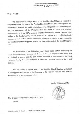 Statement by Secretary of Foreign Affairs Albert del Rosario on the UNCLOS Arbitral Proceedings against China to Achieve a Peaceful and Durable Solution to the Dispute in the West Philippine Sea