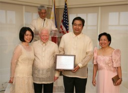 Ambassador and Mrs. Jose L. Cuisia Jr. and Dr. and Mrs. Gabriel Esteban pose after Dr. Esteban received an award of recognition for being selected President of Seton Hall University, the largest Catholic university in New Jersey, during the Independence Day Reception at the Hay Adams Hotel in Washington, D.C. (Philippine Embassy Photo by Elmer G. Cato)