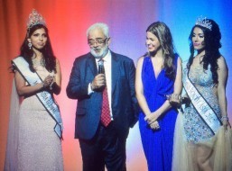 Rahul Rawail receiving his LIFETIME ACHIEVEMENT AWARD on stage Elveera Robello Mrs India Global host Indrani Pal Chaudhari and past Miss South Asia Husna Momand (Photo by Teofie S. Decierdo at VTM Photography)