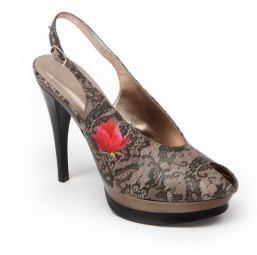“Olive” High Heel Peep Toe Platform Sling Back shoe by Icon Shoes, featuring art by Alberto Vargas, $265.00 (www.iconshoes.com).