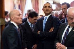 President Barack Obama waits with Sergeants at Arms and Members of Congress before entering the House Chamber to deliver the State of the Union address at the U.S. Capitol in Washington, D.C., Jan. 28, 2014 Standing with the President are, from left: Paul Irving, House Sergeant at Arms; House Majority Leader Eric Cantor, R-Va.; Sen. John Thune, R-S.D.; and Terrance Gainer, Senate Sergeant at Arms. (Official White House Photo by Pete Souza)